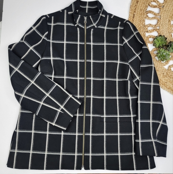 J. Jill Black Cream Windowpane Print Fill Zip Front Jacket Lined Size Small - Picture 2 of 13